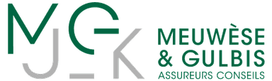 Logo de l'entreprise "Meuwèse & Gulbis Assureurs Conseils" avec les lettres MJGK stylisées en vert et gris.
